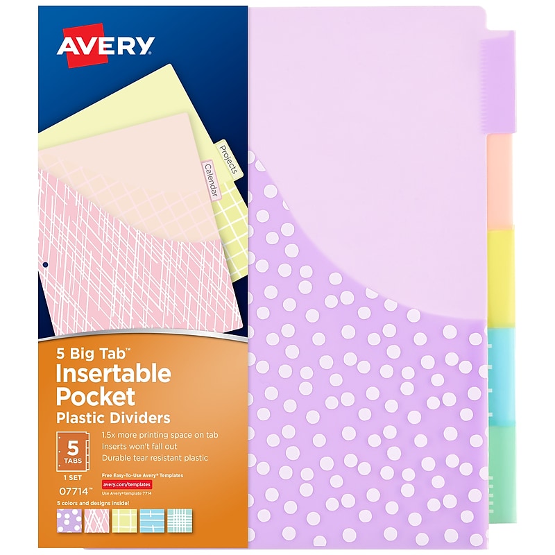 Avery Big Tab Insertable Plastic Dividers with Pocket, 5 Tabs, Multicolor Pastel (07714) image 1