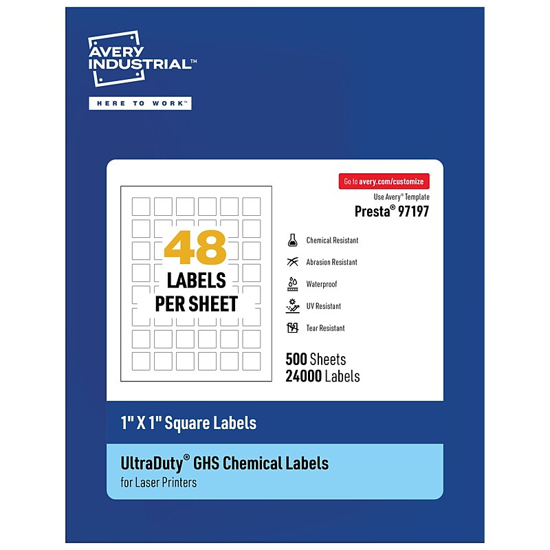 Avery UltraDuty GHS Square Multipurpose Labels, 1" x 1", White, 24000/Box (97197) image 1