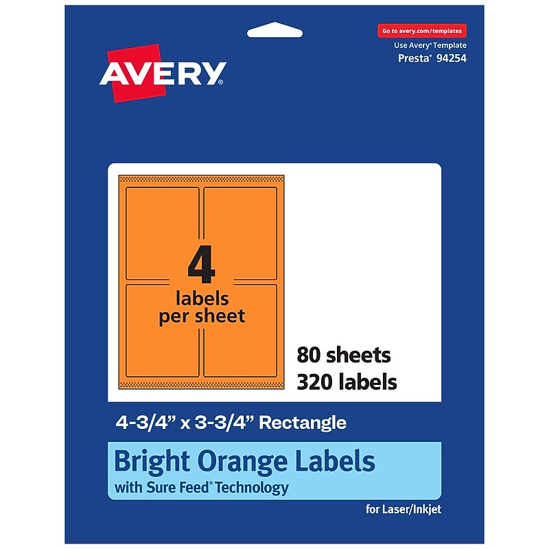Avery Laser/Inkjet Multipurpose Labels, Bright Orange, 4 Labels/Sheet, 80 Sheets/Pack (94254-BOP80) image 1