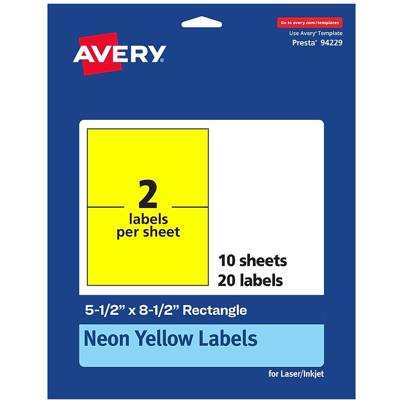 Avery Laser/Inkjet Multipurpose Rectangle Labels, 5.5" x 8.5", Neon Yellow, 20/Pack (94229) image 1