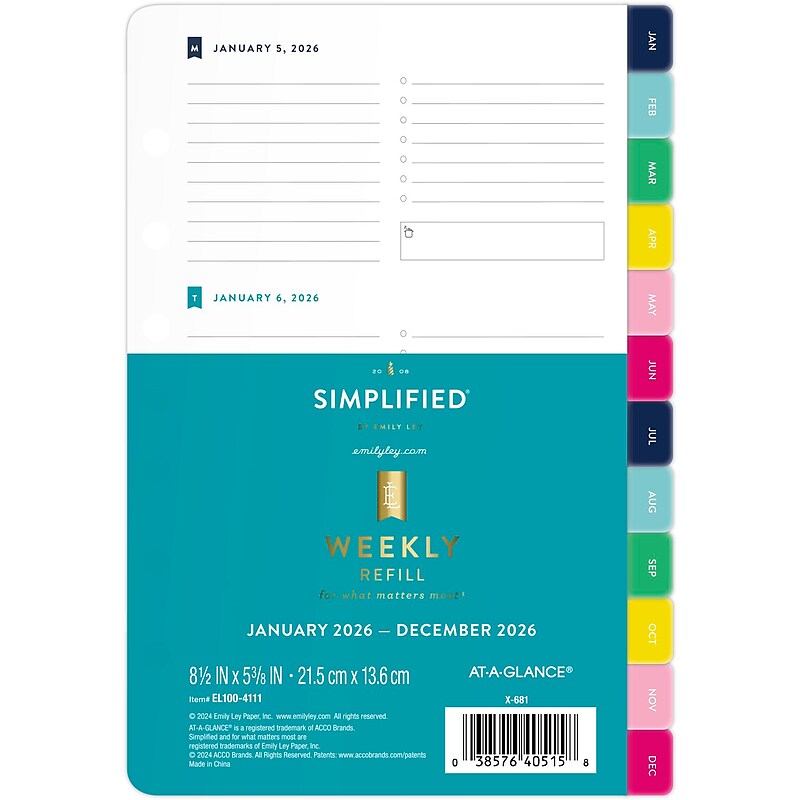 2026 AT-A-GLANCE Simplified by Emily Ley 8.5" x 5.88" Weekly Refill Pages, Multicolor (EL100-4111-26) image 1