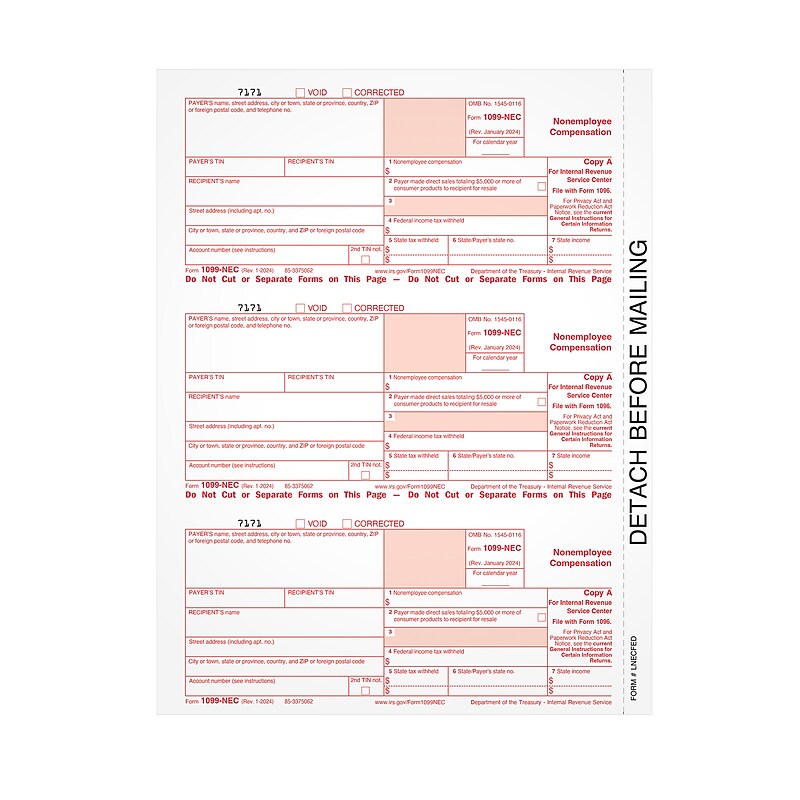 Adams 2024 1099-NEC Copy A Laser/Inkjet Tax Forms, 50 Sheets/Pack (LNECFED16) image 1