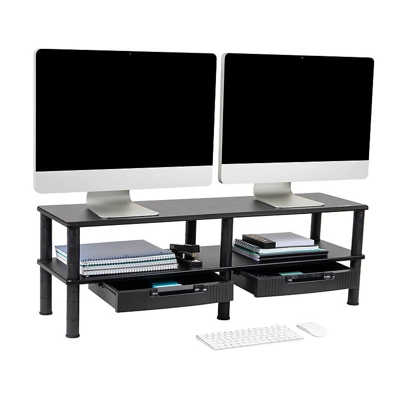 Mind Reader Adjustable Dual Monitor Stand Desktop Organizer with Drawers, Black (DBMON2TDR-BLK) image 1