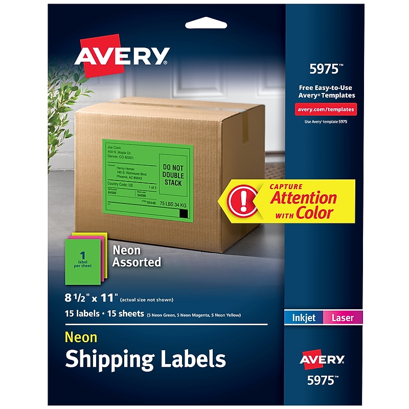 Avery Laser Shipping Labels, 8-1/2" x 11", Assorted Neon, 15 Labels/Pack (5975) image 1