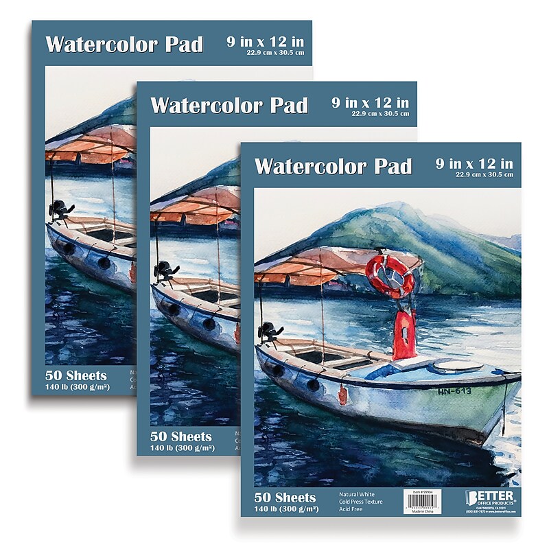Better Office 9" x 12" Tape Bound Watercolor Sketch Pad, 150 Sheets/Pad, 3 Pads/Pack (01321) image 1