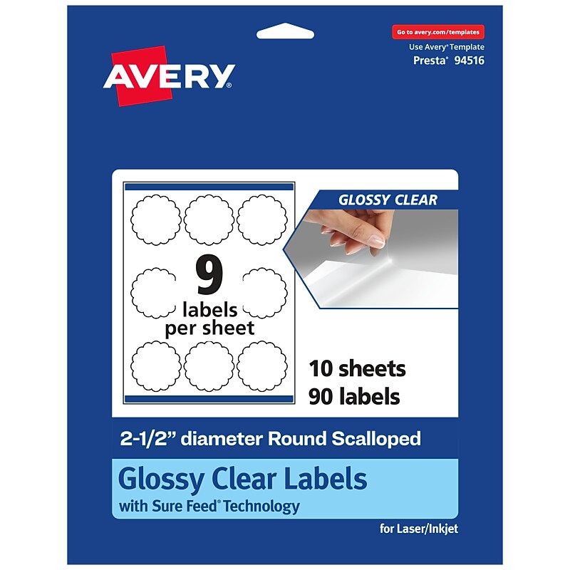 Avery Laser/Inkjet Multipurpose Labels, 2.5" x 2.5", Glossy Clear, 90/Pack (94516) image 1