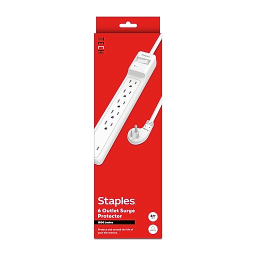 Staples TECH 6-Outlet Surge Protector, 6', 1800 Joules, White (ST62780)