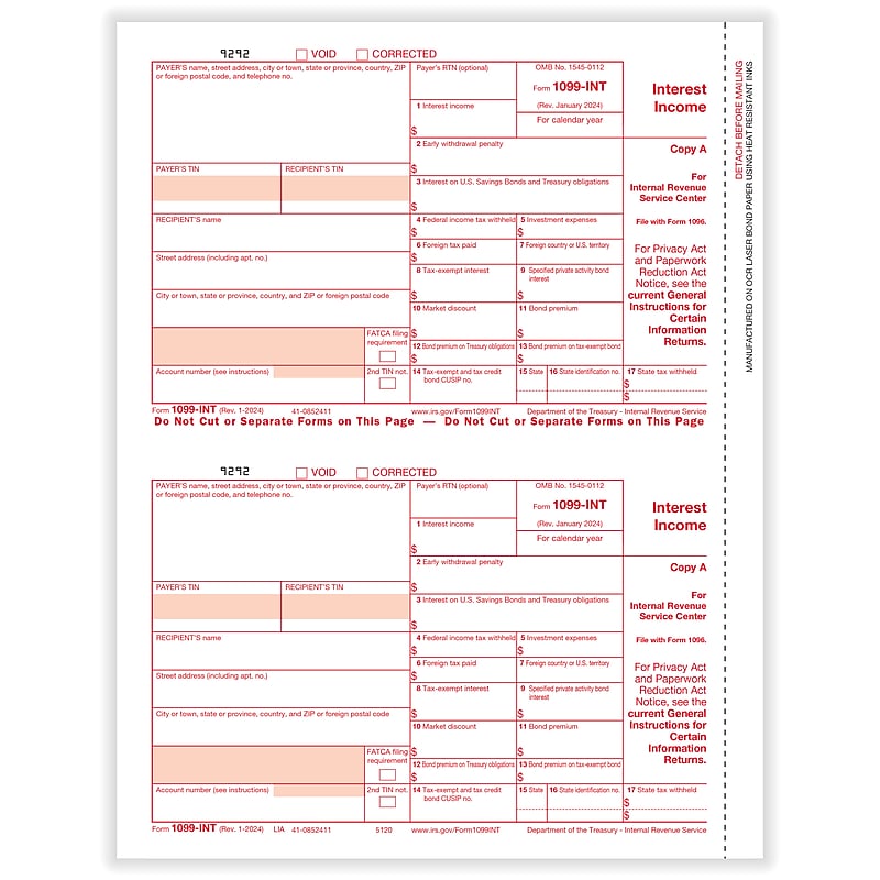 ComplyRight 2024 1099-INT Tax Form, 1-Part, 2-Up, Copy A, 50/Pack (512050) image 1