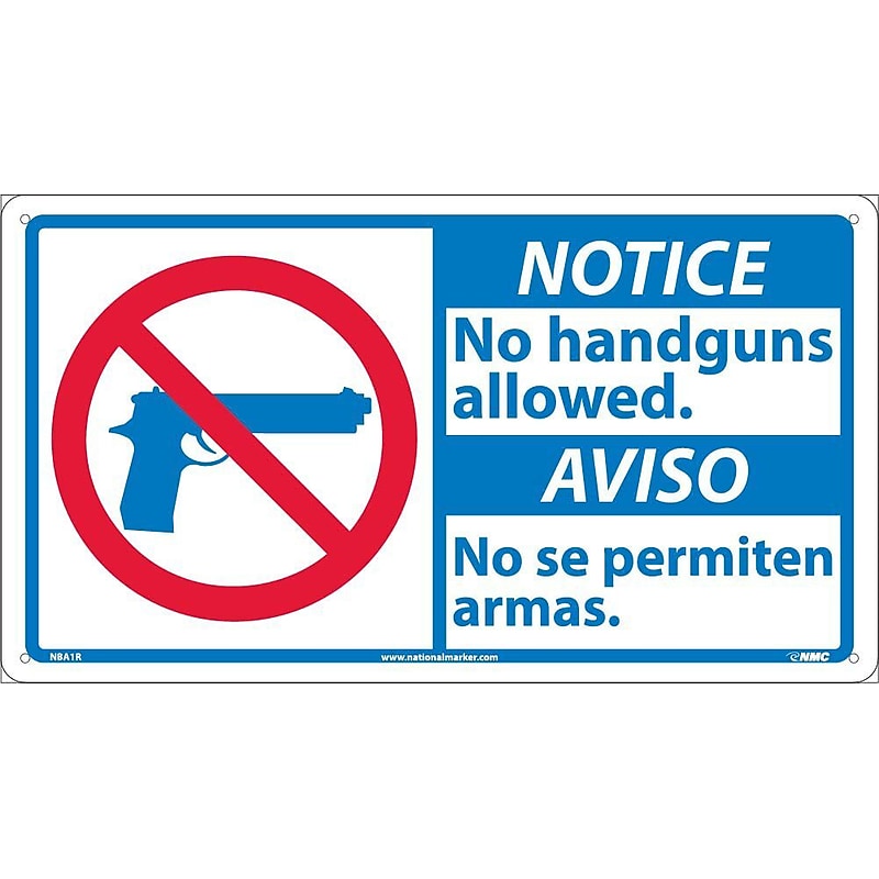 Notice Signs; 10 X 18 Notice No Handguns Allowed/Aviso (Bilingual W/Graphic), 10X18, Rigid Plastic image 1