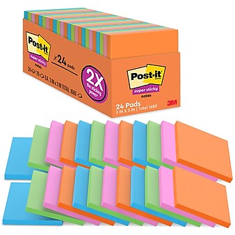 Post-it® Super Sticky Notes Cabinet Pack, 3" x 3", Energy Boost Collection, 70 Sheets/Pad, 24 Pads/Pack (654-24SSAU-CP)