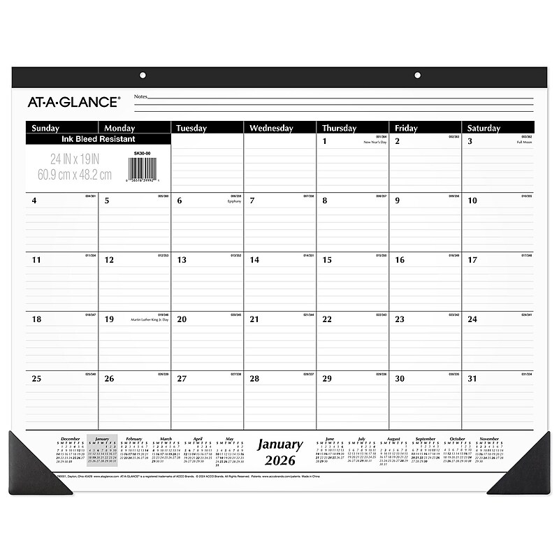 2026 AT-A-GLANCE 24" x 19" Monthly Desk Pad Calendar, White/Black (SK30-00-26) image 1