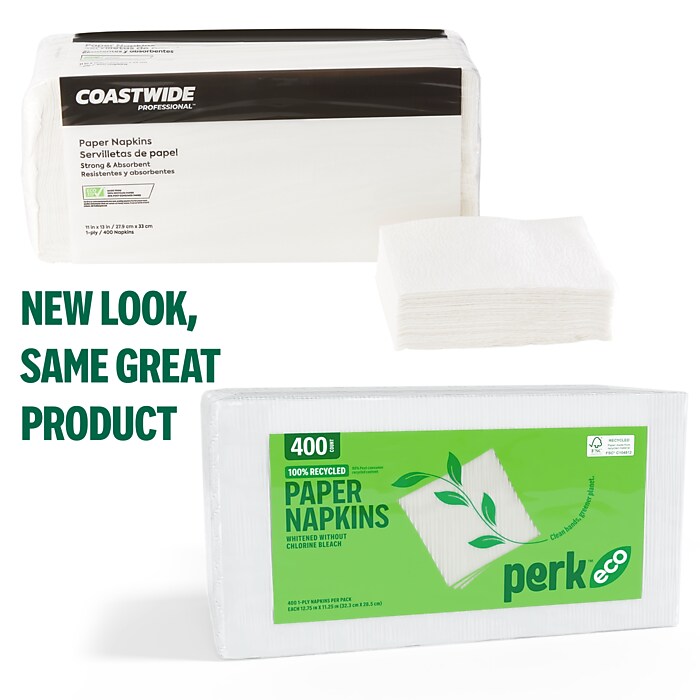 Perk™ Eco Recycled Lunch Napkin, 1-ply, White, 400 Napkins/Pack