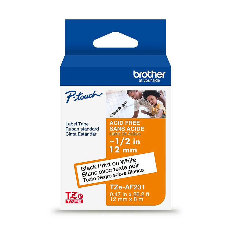 Brother P-touch Acid-Free Laminated Label Tape, 1/2" x 26.2', Black on White (TZeAF231) image 1