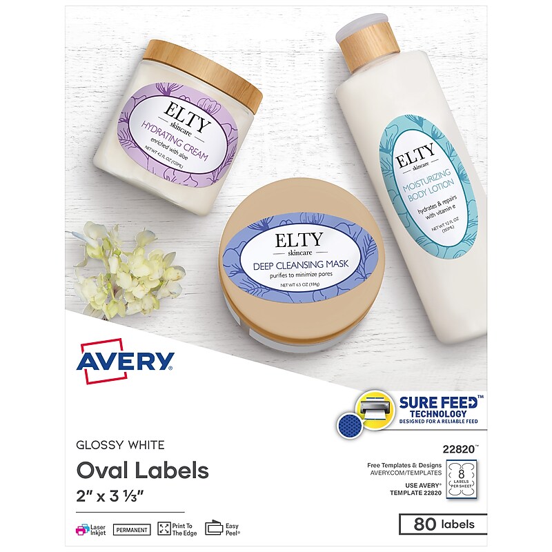 Avery Print-to-the-Edge Laser/Inkjet Oval Labels, 2" x 3 1/3", Glossy White, 80 Labels/Pack (22820) image 1