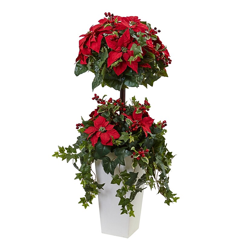Nearly Natural Artificial Poinsettia Berry Topiary, 4' (5941) image 1