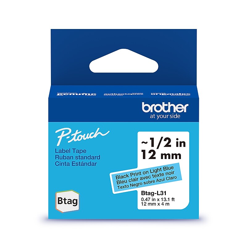 Brother P-touch Btag Label Tape, 1/2" x 13.1' (12mm x 4m), Black on Light Blue (BTAGL31) image 1
