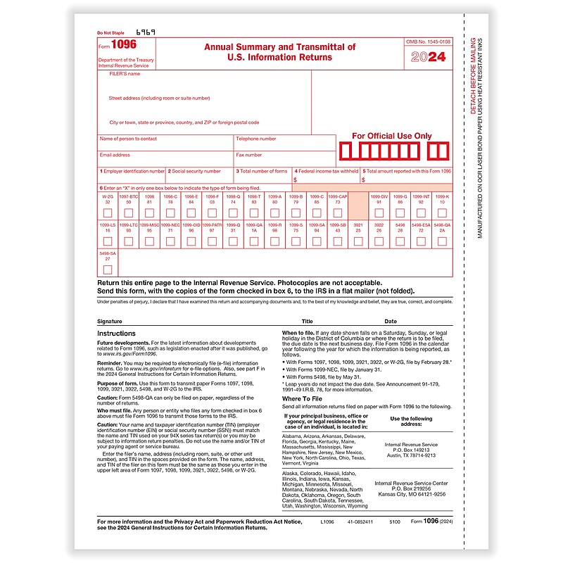 ComplyRight 2024 1096 Tax Form, 1-Part, Transmittal, 25/Pack (510025) image 1