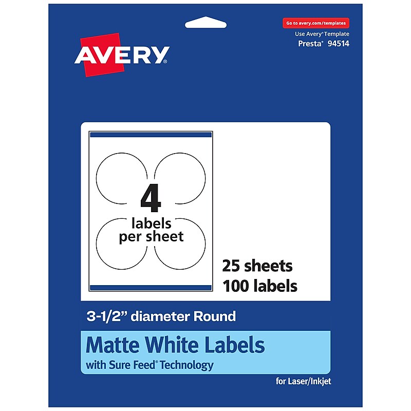Avery Laser/Inkjet Round Multipurpose Labels, 3.5" Dia., White, 100 Labels/Pack (94514) image 1