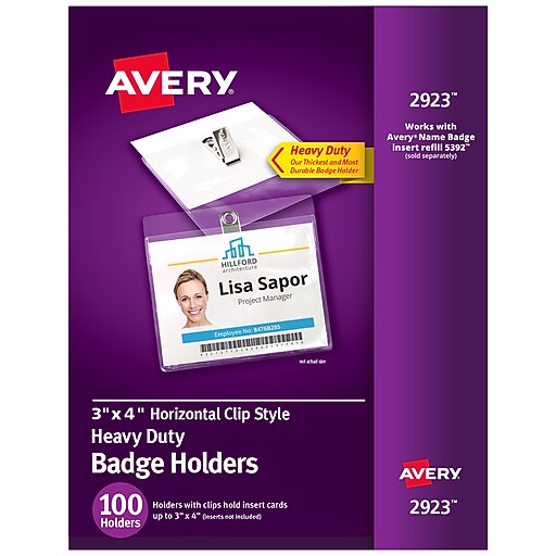 Avery Heavy Duty Clip Style Name Badge Holders, 3" x 4", Clear