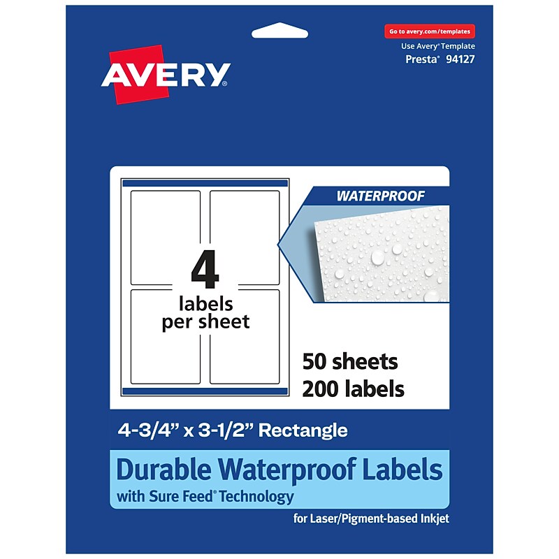 Avery Laser/Inkjet Rectangle Waterproof Multipurpose Labels, 3.5"  x 4.75", White, 200/Box (94127) image 1