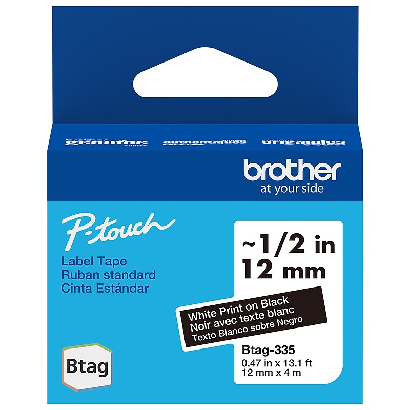 Brother P-touch Btag Label Tape, 1/2" x 13.1' (12mm x 4m), White on Black (BTAG335) image 1