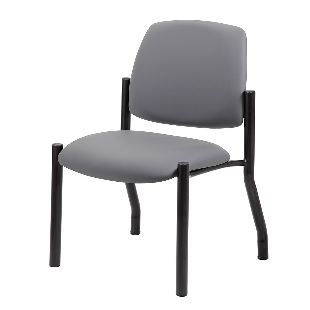 Grey vinyl bariatric guest chair with armless design and black metal legs (angled view)