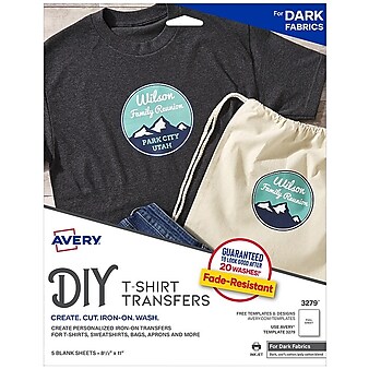Avery Heat Transfer Paper for Dark Fabrics, 8.5" x 11", Inkjet, 5  Transfers/Pack (3279)