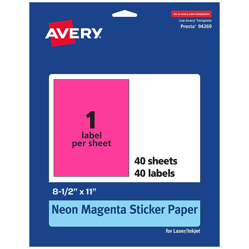 Avery Laser/Inkjet Rectangle Multipurpose Labels, 8.5" x 11", Neon Magenta, 40/Pack (94269) image 1