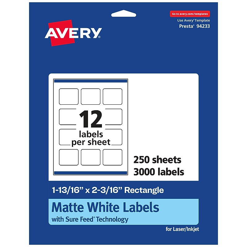 Avery Laser/Inkjet Multipurpose Labels, 2.1875"  x 1.8125", Matte White, 3000/Box (94233) image 1