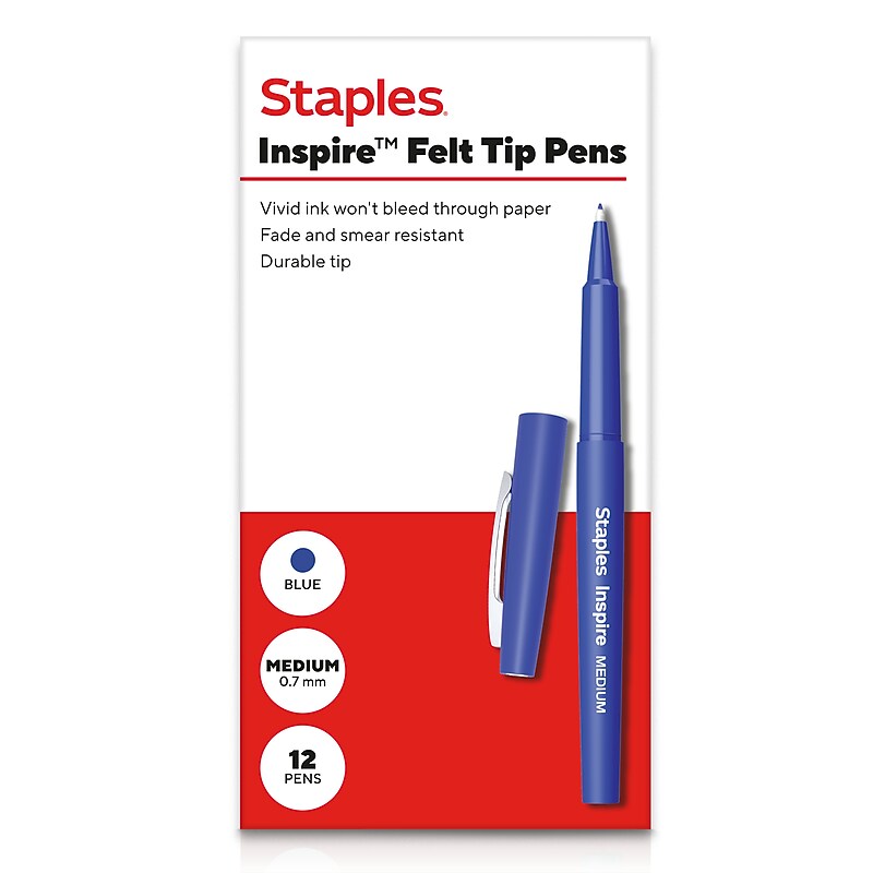 Staples Inspire Felt Tip Pen, Medium Point, 0.7mm, Blue Ink, Dozen (ST63327) image 1