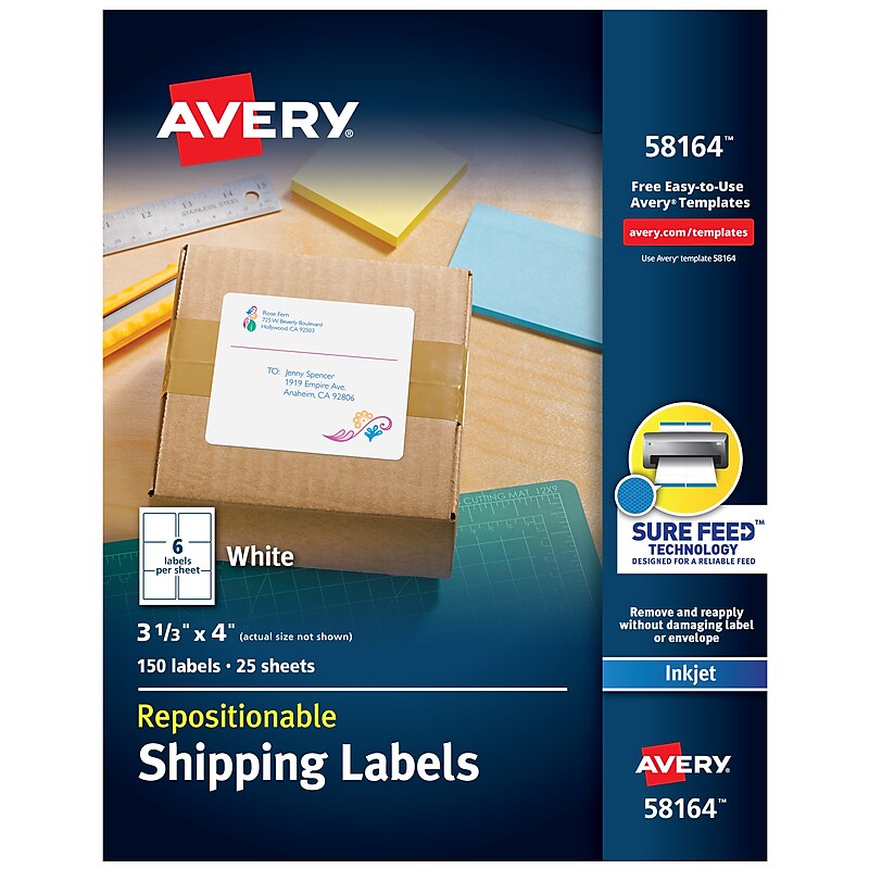 Avery Repositionable Inkjet Shipping Labels, 3-1/3" x 4", White, 150 Labels/Pack (58164) image 1