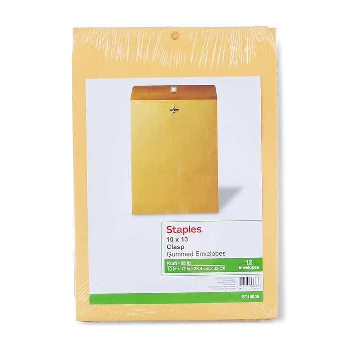Staples 10 x 13 Kraft Clasp Envelopes, Brown, Durable Metal Clasp