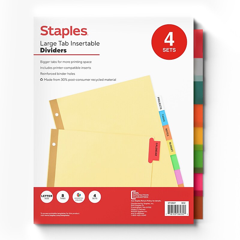 Staples Large Tab Insertable Paper Divider, Assorted Colors, 8-Tabs, 4 Sets (13517/14483) image 1