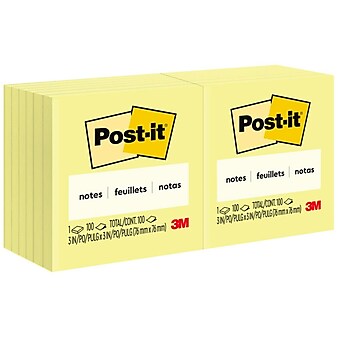 Post-it Notes, 3" x 3", Canary Yellow, 100 Sheets/Pad, 12 Pads/Pack (654-12YW)