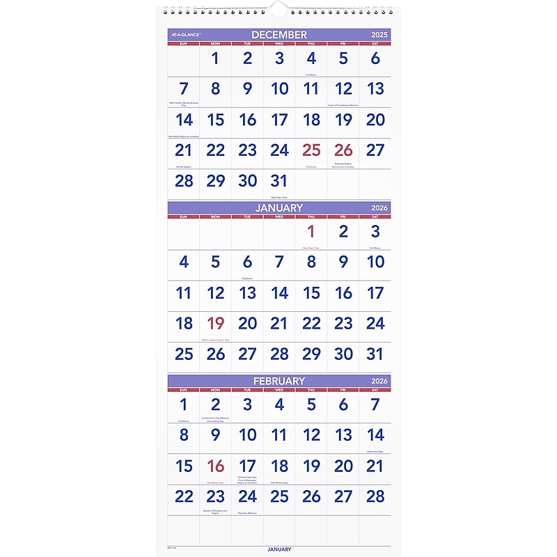 2026 AT-A-GLANCE 12" x 27" Three-Month Wall Calendar, White/Purple (PM11-28-26) image 1