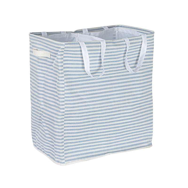 Household Essentials Collapsible 2-Section Hamper, Cotton, Blue/White (HE1161) image 1