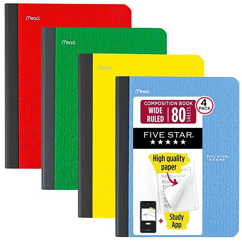 Five Star Composition Book Plus Study App, Wide Ruled, 80 Sheets, 7.5" x 9.75", 4 Pack, Assorted Colors (950033B) image 1