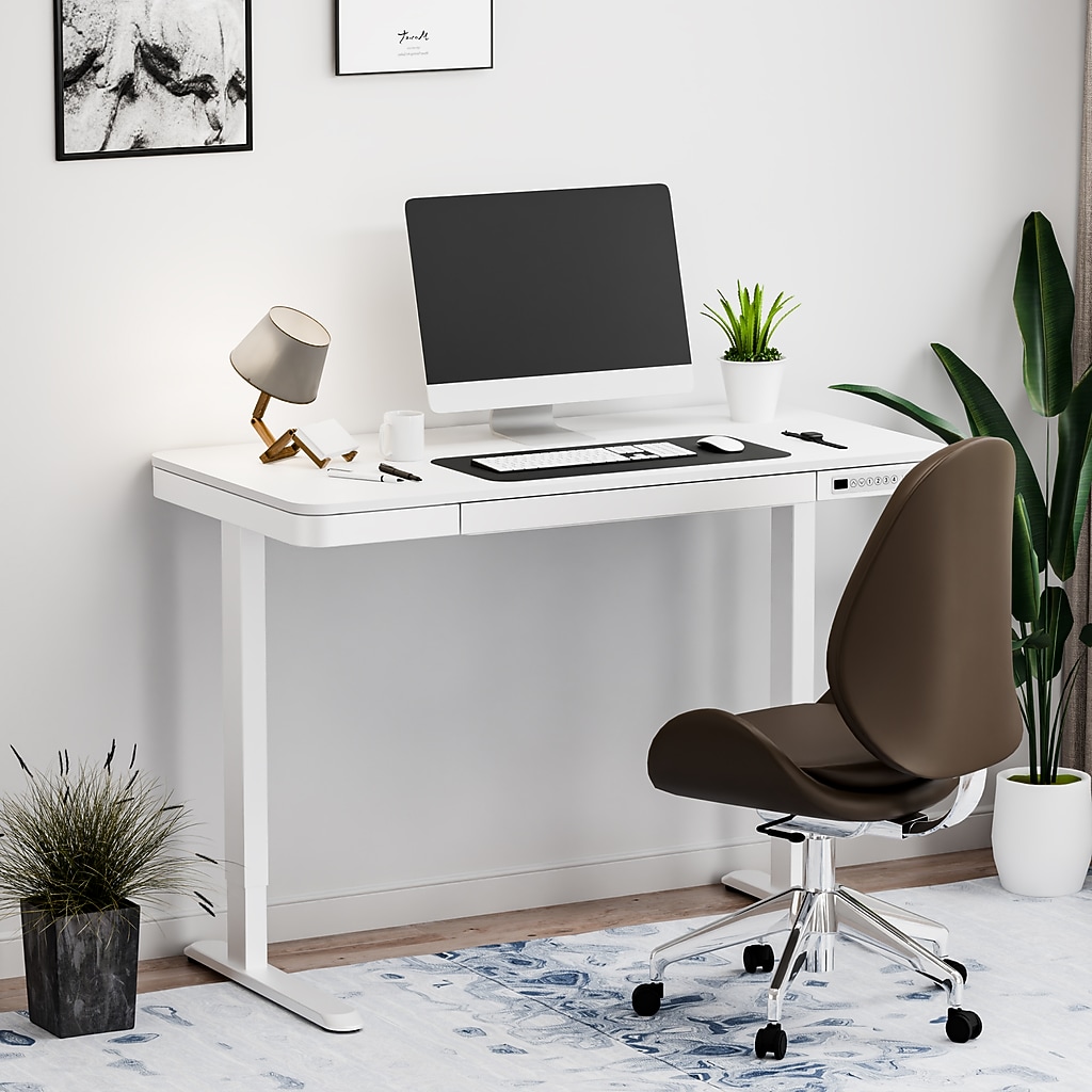 Desk with monitor, chair, and plants in a workspace