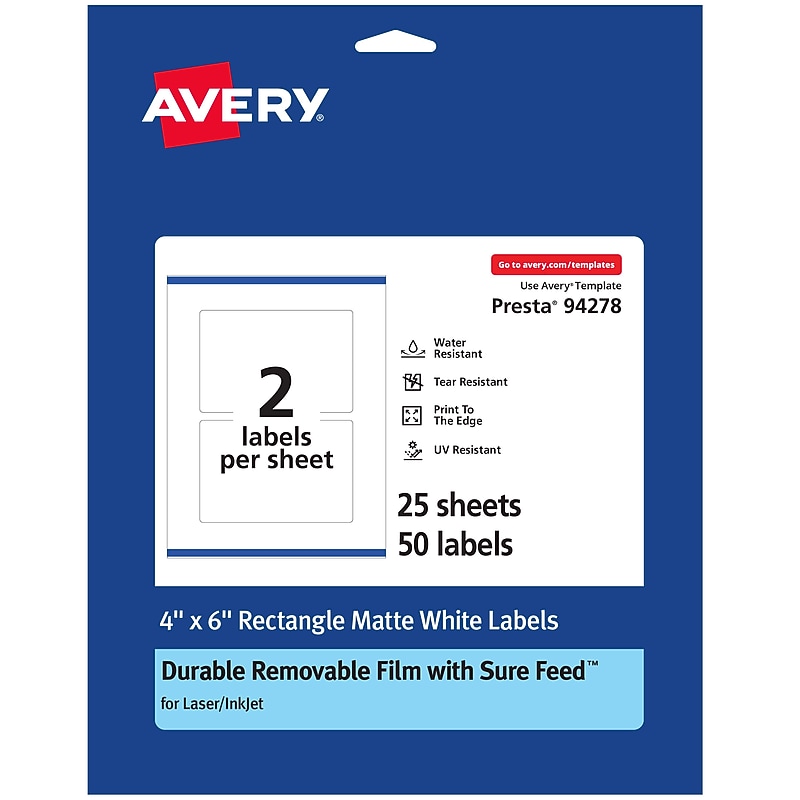 Avery Durable Removable Rectangle Multipurpose Labels, 4" x 6", White, 50/Pack (94278) image 1