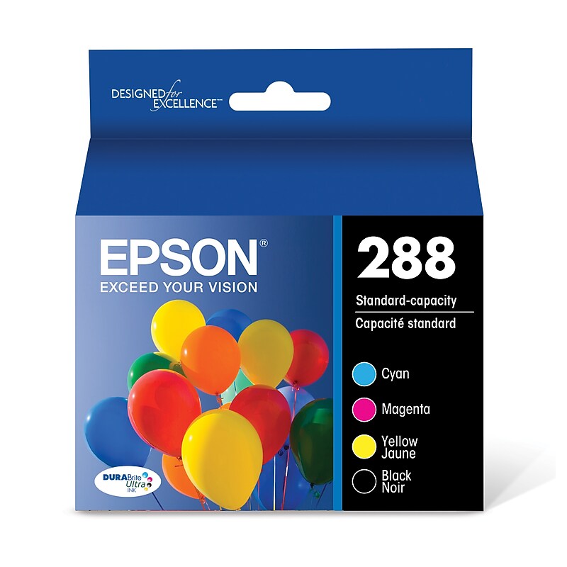 Epson T288 Black/Cyan/Magenta/Yellow Standard Yield Ink Cartridge, 4/Pack (T288120-BCS) image 1