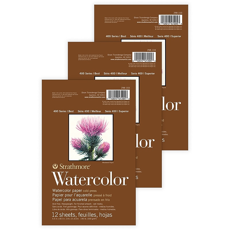 Strathmore 400 Series 5.5" x 8.5" Tape Bound Watercolor Paper Pad, 12 Sheets/Pad, 3 Pads/Bundle (STTP2981031-3) image 1
