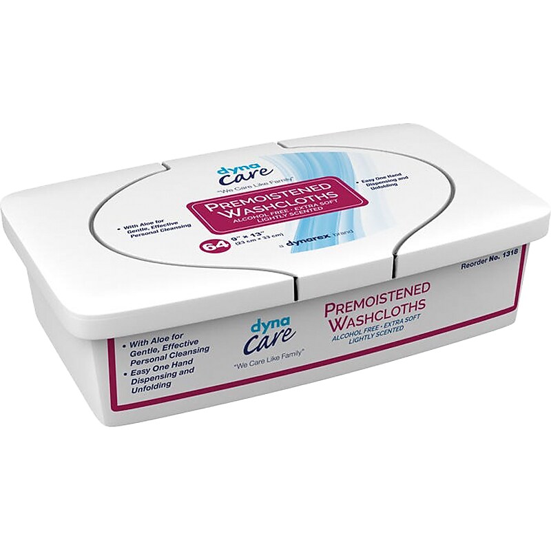 Dynarex Premoistened Personal Washcloth, 9" x 13", 64/Tub, 8 Tubs/Pack (1318) image 1