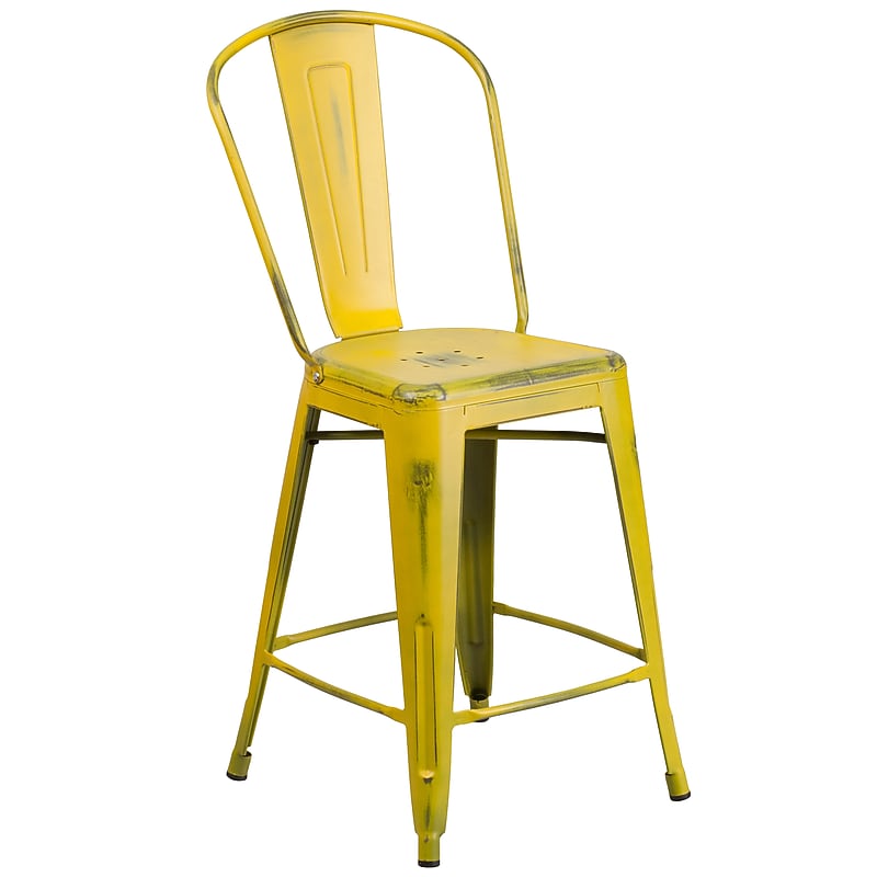 Flash Furniture Carly Contemporary Metal Slat Back Counter Stool, Distressed Yellow (ET353424YL) image 1