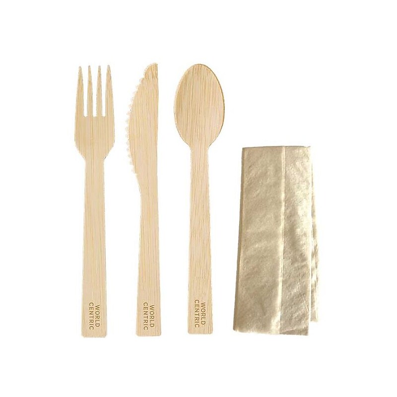 World Centric Bamboo Cutlery, Knife/Fork/Spoon/Napkin, 6.7", Natural, 250/Carton (WORASBBTN) image 1