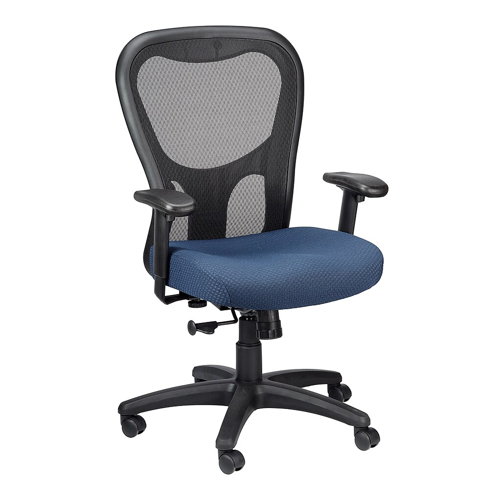 Office chair with mesh back and blue seat