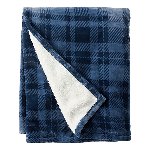 Wicked Plush Sherpa Throw, Large, Nautical Navy Plaid