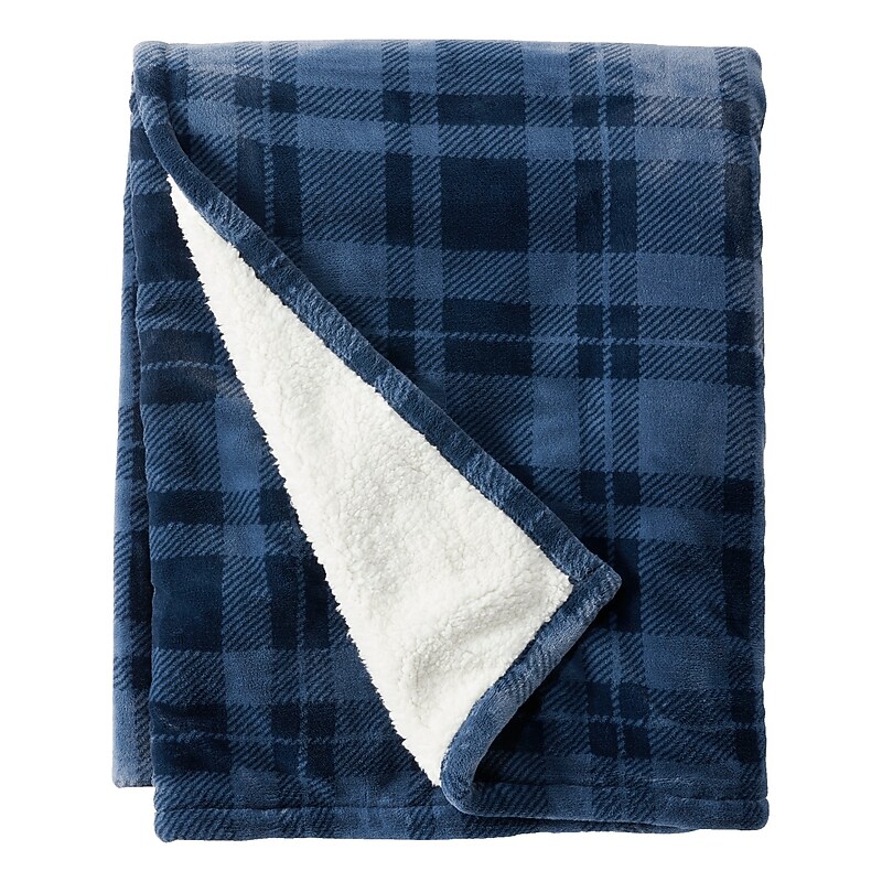 L.L.Bean Wicked Plush Sherpa Throw, Large, Nautical Navy Plaid (1000095154) image 1