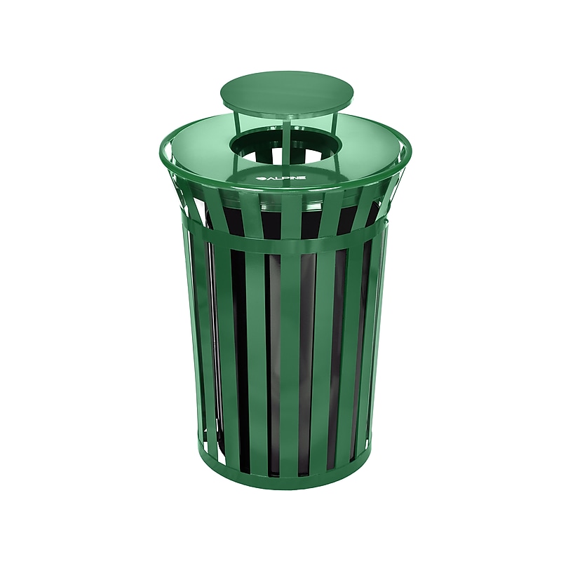 Alpine Industries Metal Outdoor Trash Can with Rain Bonnet Lid and Liner, 38 Gallon, Black/Green (479-38-1-GRN) image 1