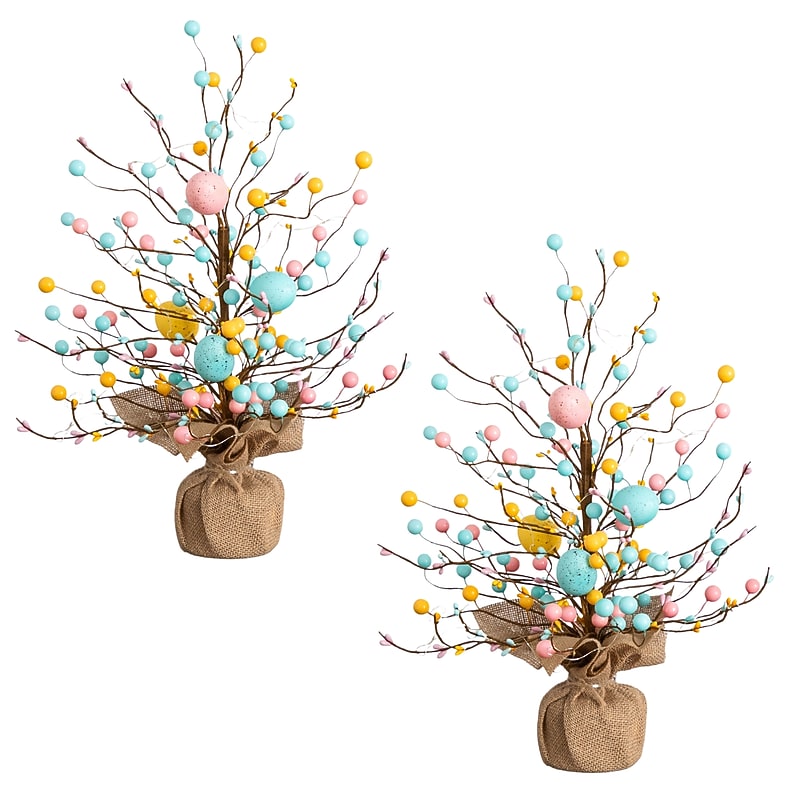 Nearly Natural 18-in Pre-Lit Artificial Easter Egg Twig Tree with 30 LED Lights in Burlap Wrapped Base - Set of 2 (T5467) image 1