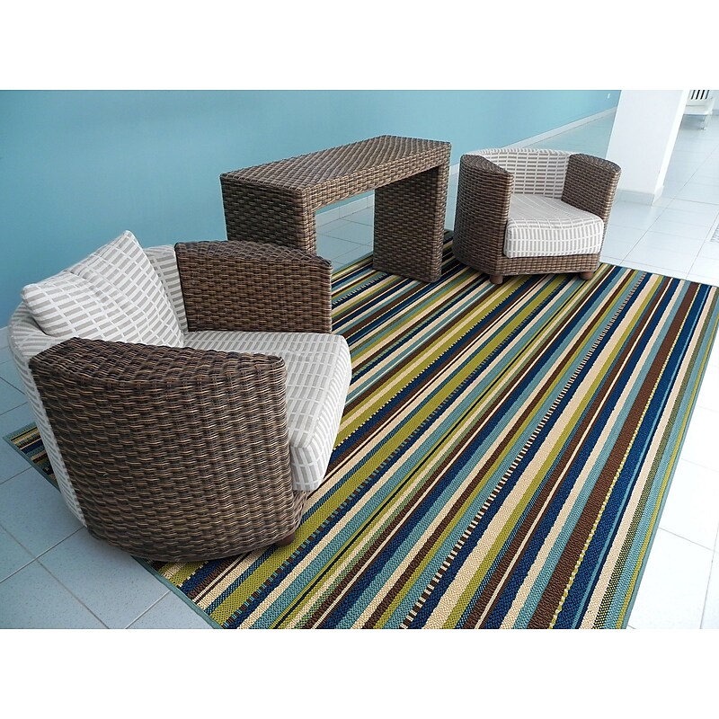 Stripe Blue/ Brown Indoor/Outdoor Machine-made Polypropylene Area Rug (3'7" X 5'6") image 1
